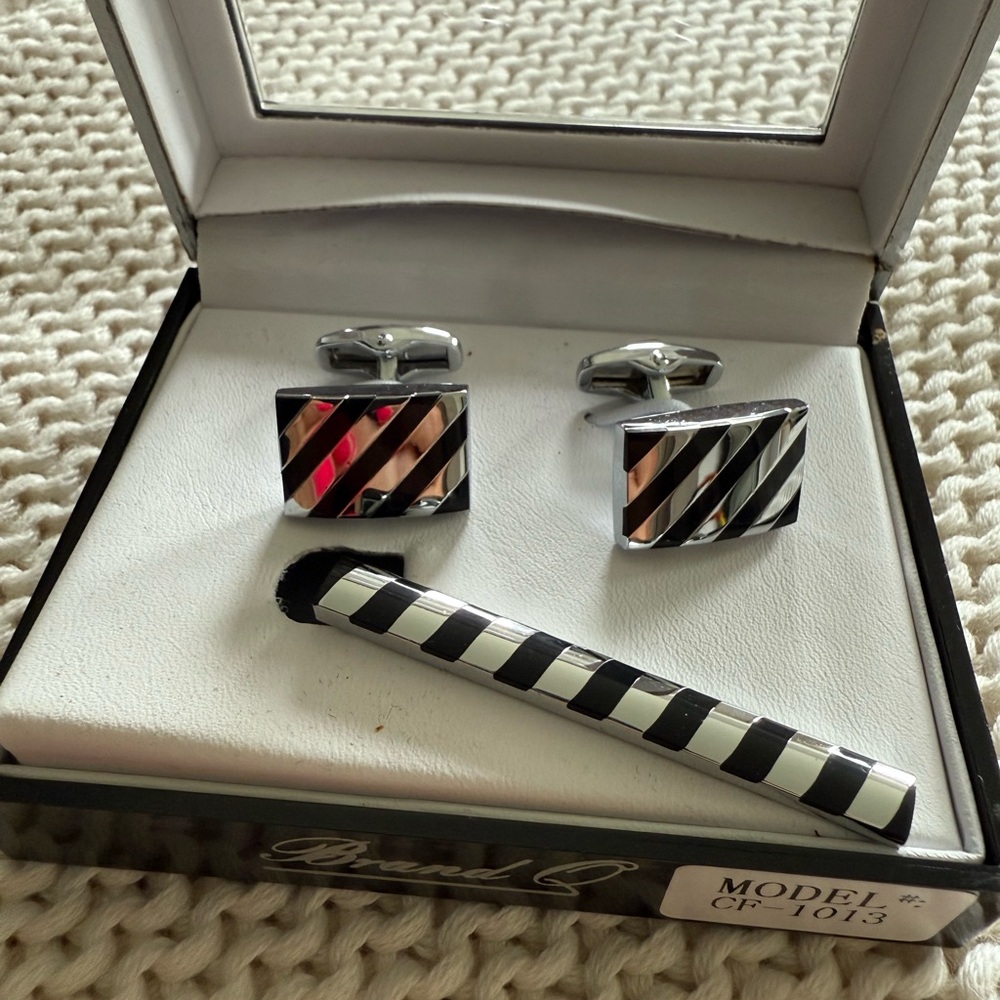 Striped Silver and Black Cufflinks and Tie Clip Set